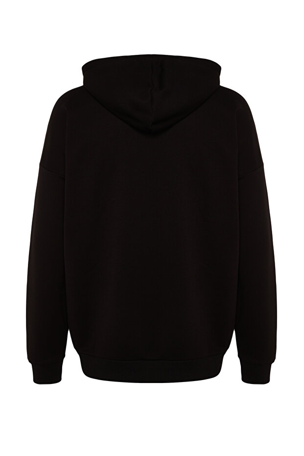 Siyah Oversize/Geniş Kesim Yazı Nakışlı Kapüşonlu Sweatshirt TMNAW24SW00230 - 8