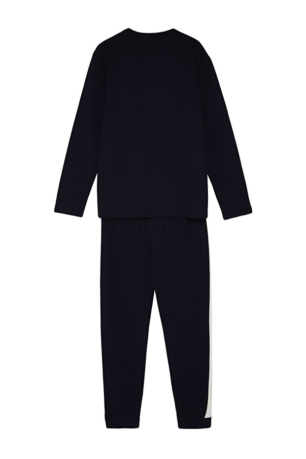 Lacivert Regular Kesim Nakışlı Şerit Detaylı Örme Pijama Takımı TMNAW24PT00030 - 8