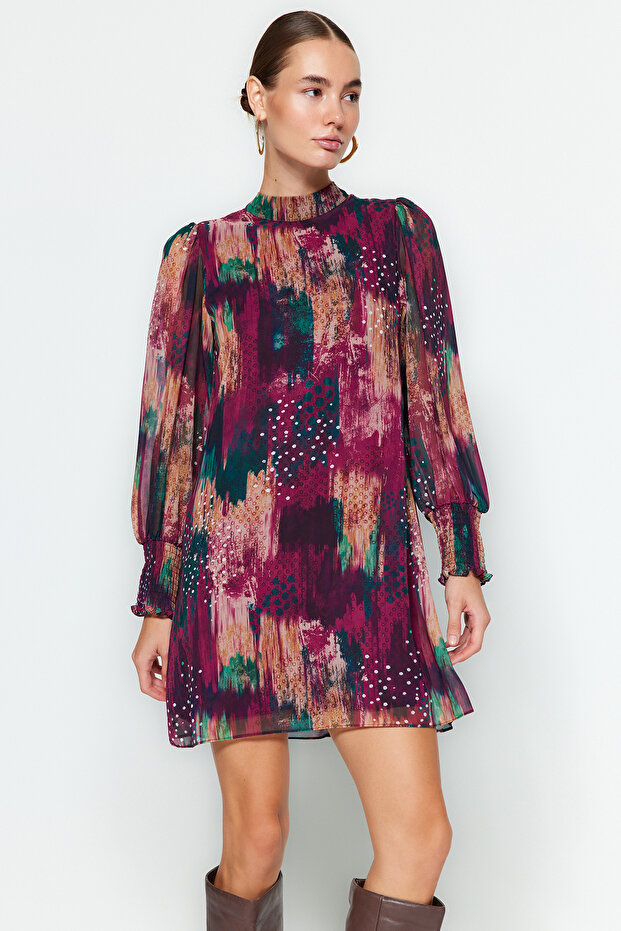 Barevné mini zimní šaty rovného střihu - potištěné tkané Twoaw24El00573 - 4