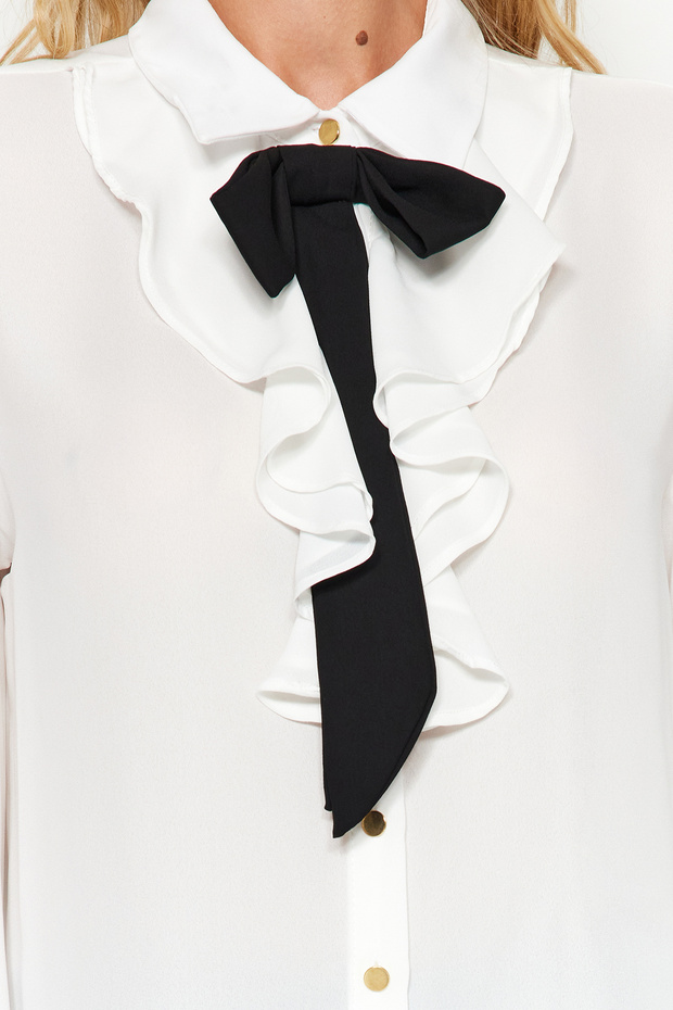 Tkana koszula w kolorze ecru - odpinana kokardka, regularny krój TWOAW24GO00164 - 4