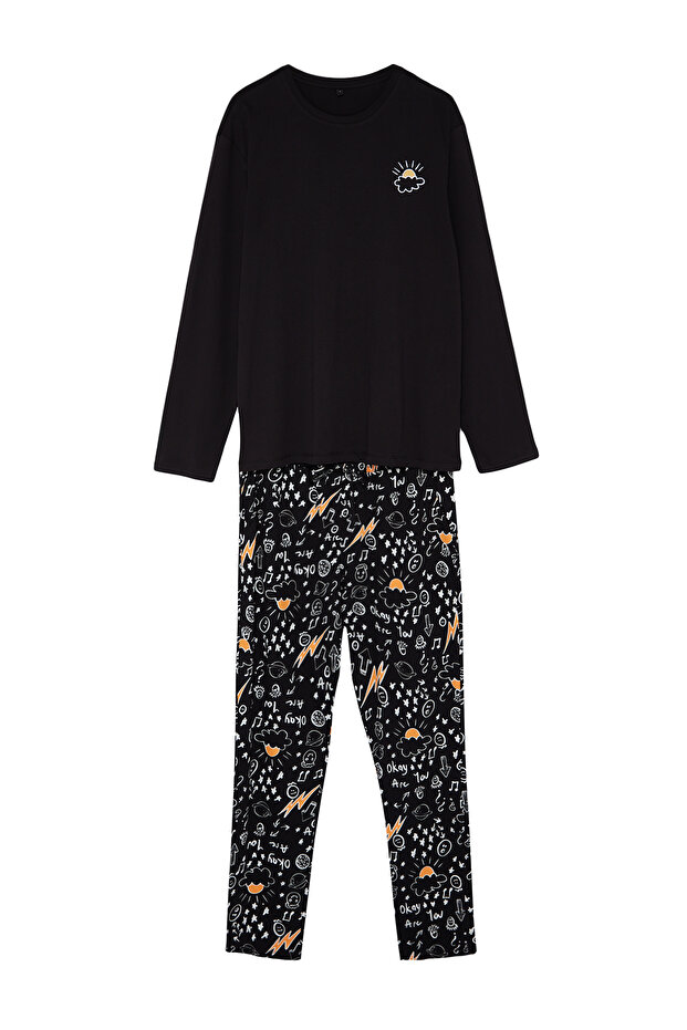 Siyah Regular Fit Nakışlı Örme %100 Pamuk Pijama Takımı TMNAW24PT00025 - 6