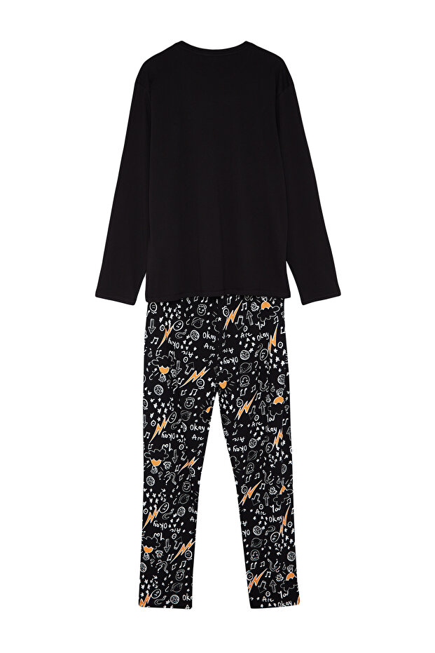 Siyah Regular Fit Nakışlı Örme %100 Pamuk Pijama Takımı TMNAW24PT00025 - 8