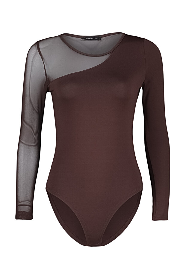 Kahverengi Tül Detaylı Çıtçıtlı Esnek Örme Body TWOAW24BD00021 - 6