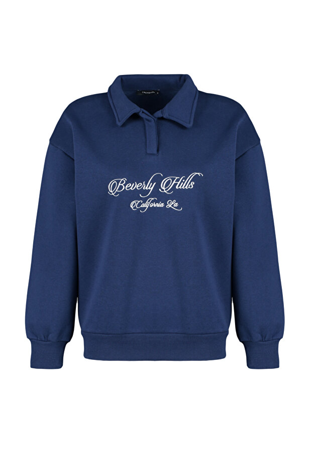 Lacivert Gömlek Yaka Nakışlı Regular Fit Kalın İçi Polarlı Örme Sweatshirt TWOAW24SW00182 - 8