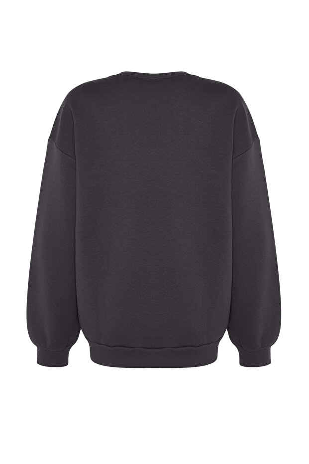 Antrasit Oversize/Rahat Kesim Basic Bisiklet Yaka Kalın/İçi polarlı Örme Sweatshirt TWOAW24SW00102 - 10