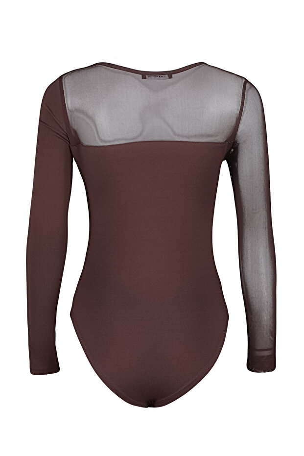 Kahverengi Tül Detaylı Çıtçıtlı Esnek Örme Body TWOAW24BD00021 - 8