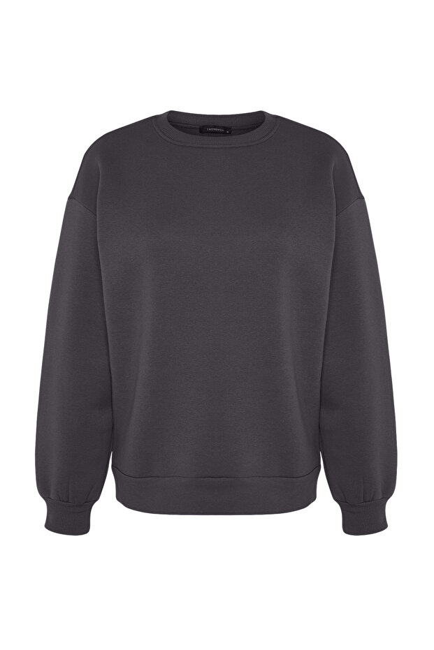 Antrasit Oversize/Rahat Kesim Basic Bisiklet Yaka Kalın/İçi polarlı Örme Sweatshirt TWOAW24SW00102 - 8
