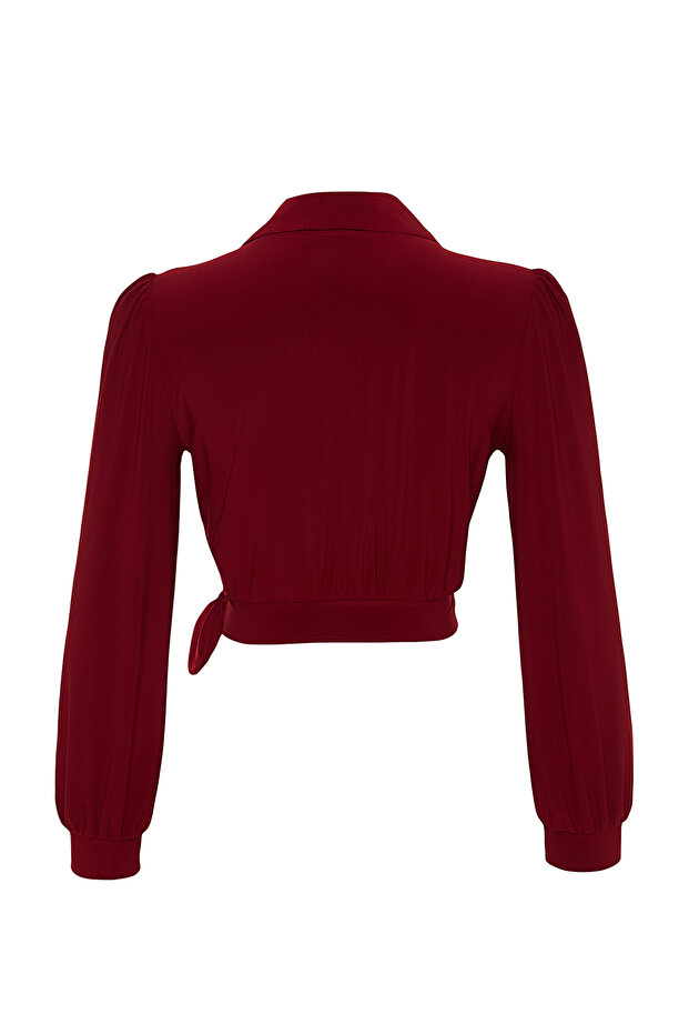Bordo Kruvaze Kapamalı Crop Esnek Örme Bluz TWOAW24BZ00071 - 8