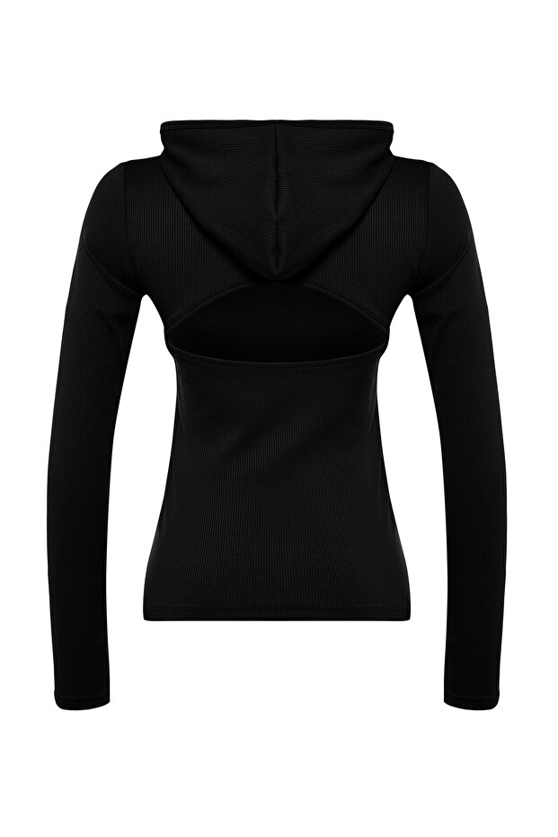 Siyah Fitilli Başparmak ve Sırtı Pencere/Cut Out Detaylı Örme Spor Üst/Bluz THMAW24BZ00004 - 8