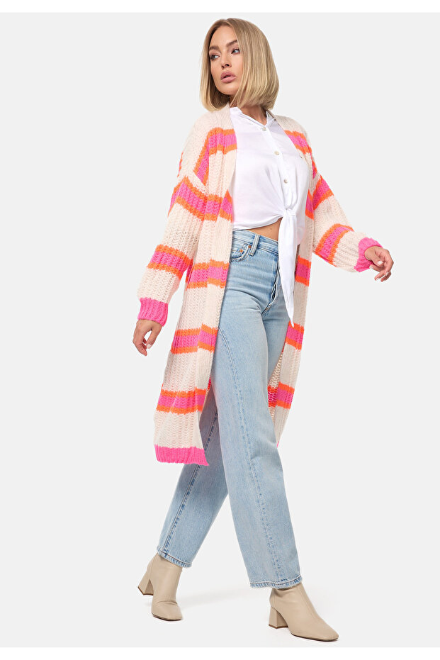 Damen Longstrickjacke Gestreift Bunte Kuschelige Strickjacke Hırka, Einheitsgröße PM02 - 4