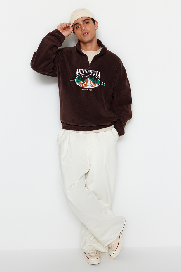 Kahverengi Unisex Oversize/Geniş Kesim Dik Yaka Anti-pilling Polar Sweatshirt TMNAW24SW00034 - 4