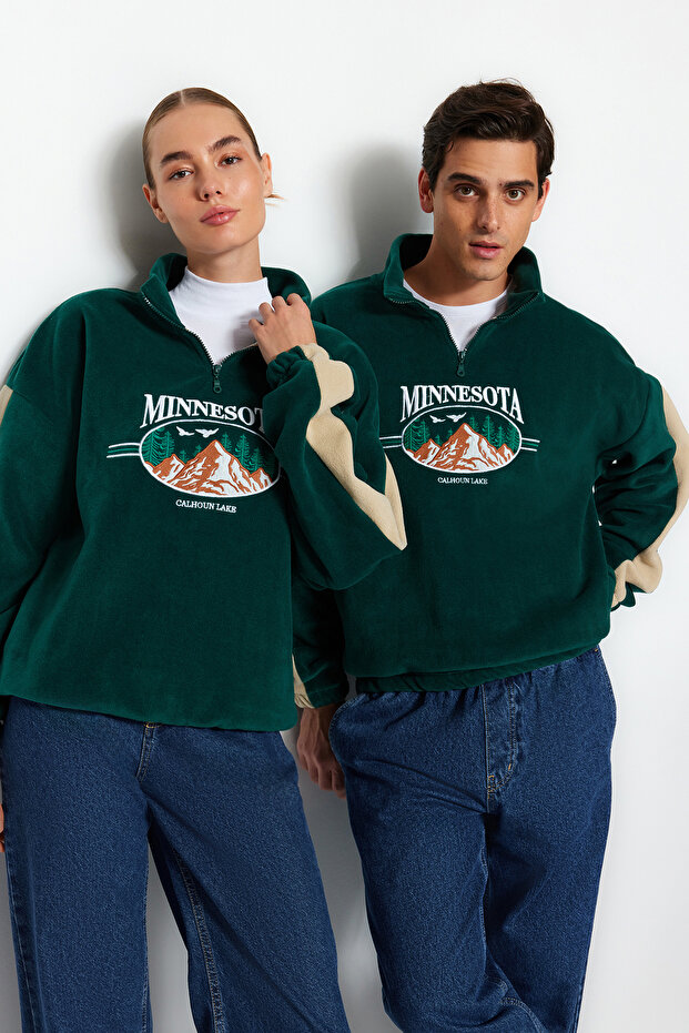 Zümrüt Yeşili Unisex Oversize/Geniş Kesim Dik Yaka Anti-pilling Polar Sweatshirt TMNAW24SW00034 - 4