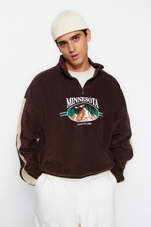 Kahverengi Unisex Oversize/Geniş Kesim Dik Yaka Anti-pilling Polar Sweatshirt TMNAW24SW00034 - 6