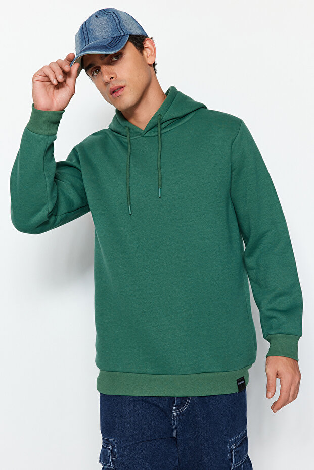 Yeşil Regular/Normal Kesim Kapüşonlu İçi Polar/Sıcak Tutan Pamuk Sweatshirt TMNAW24SW00121 - 3