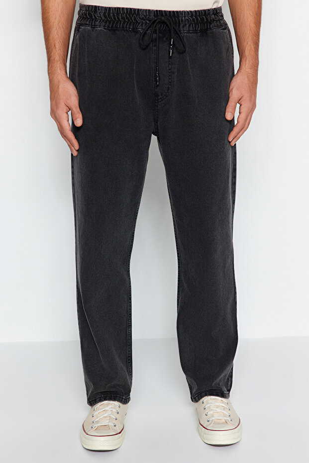 Siyah %100 Pamuk Regular Fit Beli Lastikli Jeans Bol Kot Pantolon TMNAW24JE00025 - 4