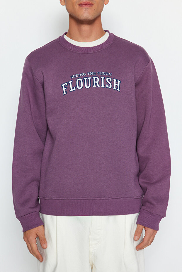 Lila Regular/Normal Kesim Yazı Baskılı İçi Polar/Sıcak Tutan Sweatshirt TMNAW24SW00188 - 3