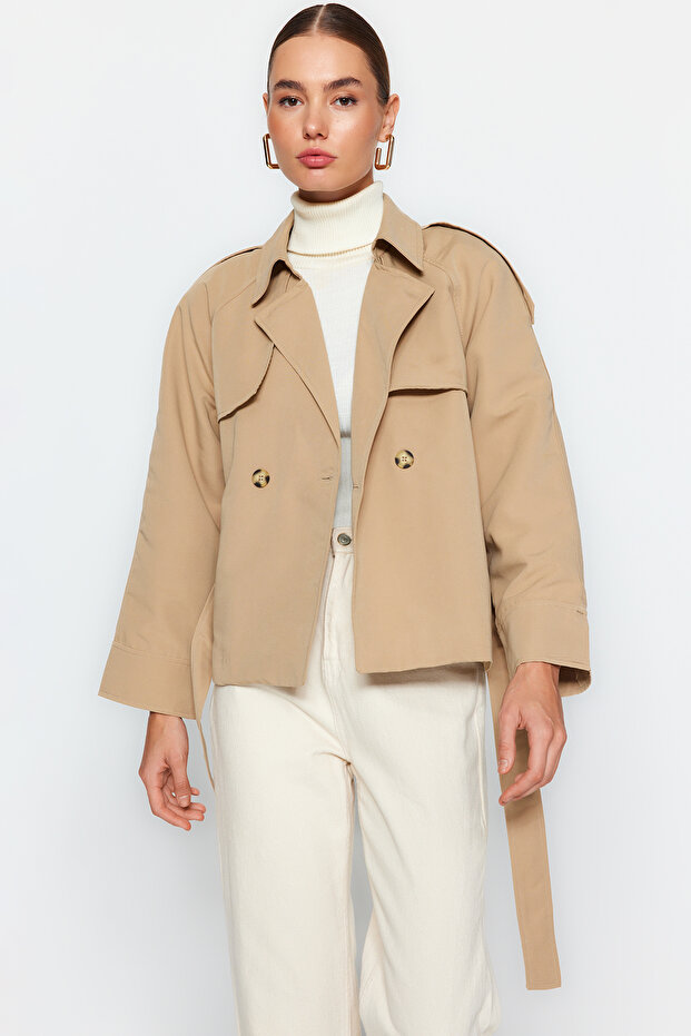 Bej Oversize Geniş Kesim Kemerli Trençkot TWOAW24TR00011 - 7
