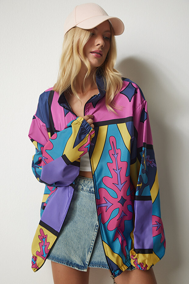 Women's Pink Yellow Patterned Oversize Raincoat EW00003 - 1