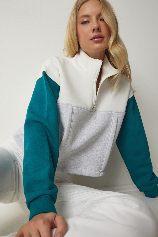 Women's Gray Emerald Green Zippered Collar Ribbed Knitted Crop Sweatshirt NJ00130