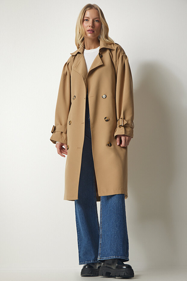 Дамски тренчкот с колан и яка с двуредно гърдо тип Camel MC00220 - 4