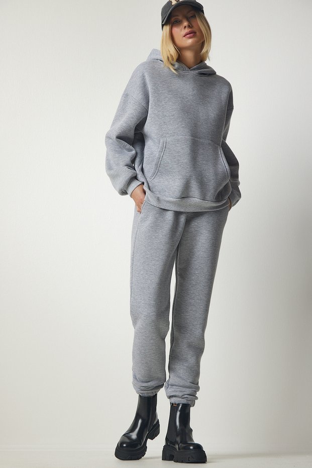 Women's Gray Melange Hooded Fleece Tracksuit Set DD00762