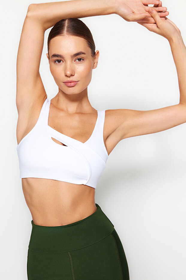 Beyaz Orta Destekli/Şekillendirici Cut Out Detaylı Kalın Askılı Örme Spor Sütyeni THMAW24SS00011 - 5
