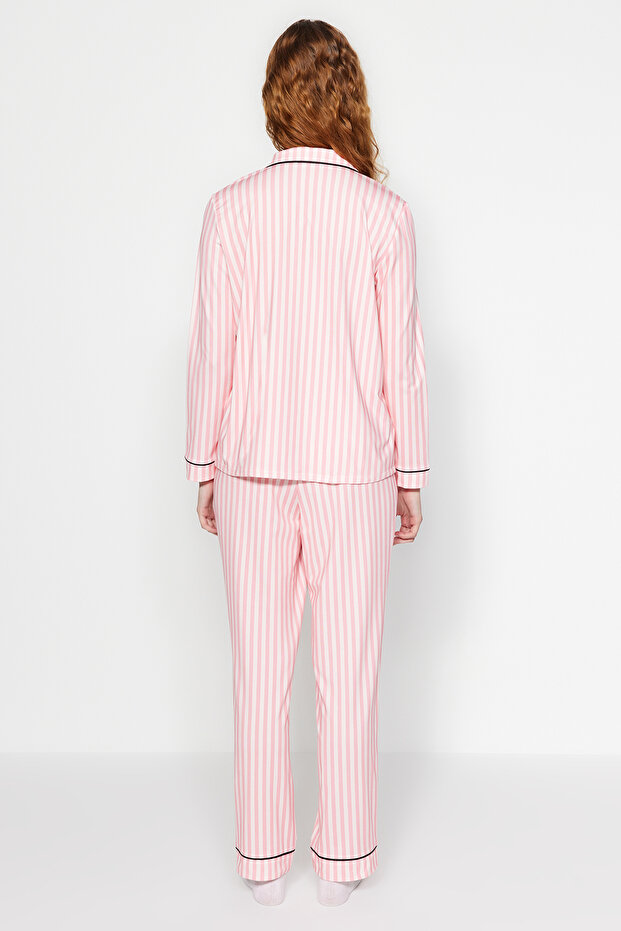 Pembe Çizgi Desenli Biyeli İçi Polarlı Gömlek-Pantolon Örme Pijama Takımı THMAW24PT00050 - 9