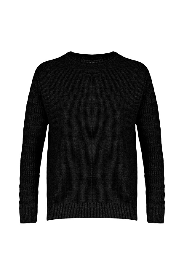 Sweter z okrągłym dekoltem i dopasowanym krojem w kolorze czarnym - wzór i teksturowane rękawy, Tmnaw22Kz0380 - 8