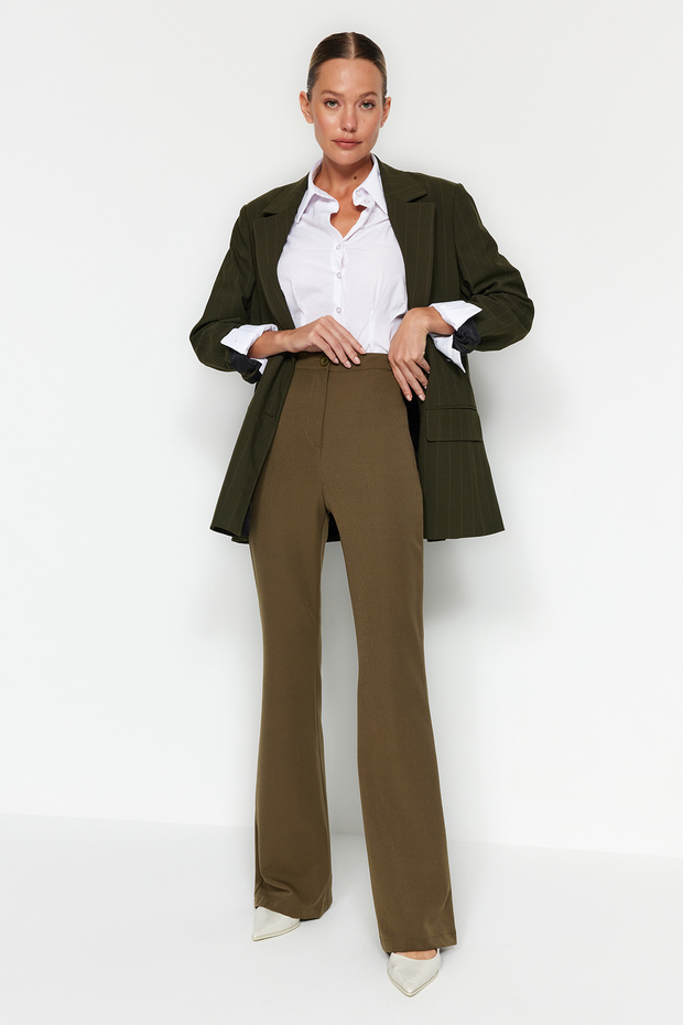 Khaki Spanish Leg Flare Woven Fabric Trousers Tofaw19Bb0581