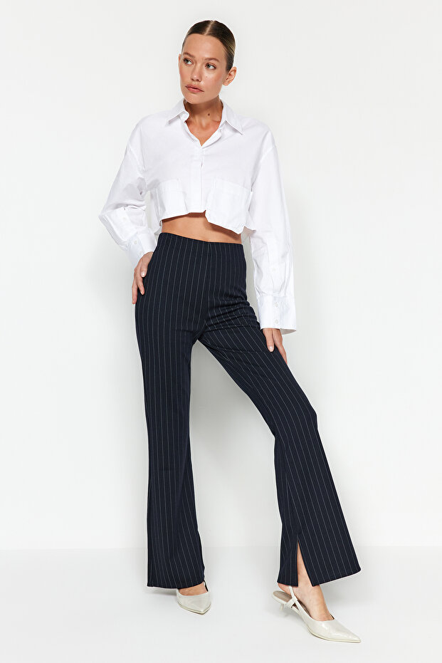 Lacivert Smart Yırtmaçlı Flare/İspanyol Paça Yüksek Bel Çizgili Örme Tayt Pantolon TWOSS23PL00126 - 3