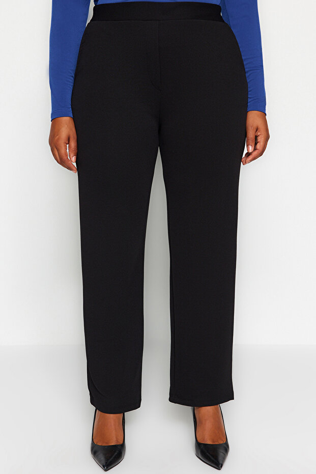 Siyah Straight Fit Yüksek Bel Krep Örme Büyük Beden Pantolon TBBAW24AR00008 - 6