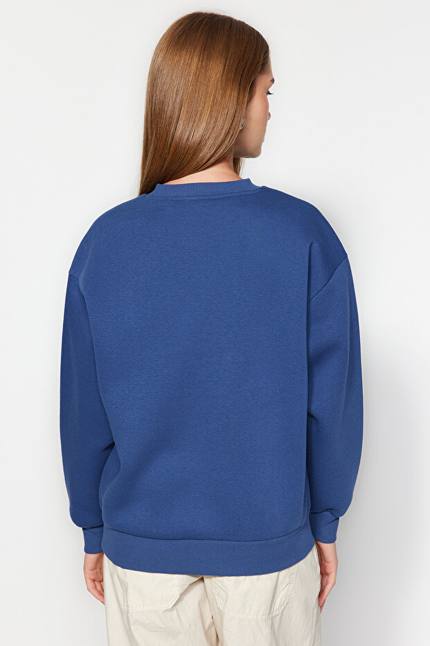 Indigo Kalın İçi Polarlı Regular/Normal Kalıp Bisiklet Yaka Basic Örme Sweatshirt TWOAW24SW00101 - 7
