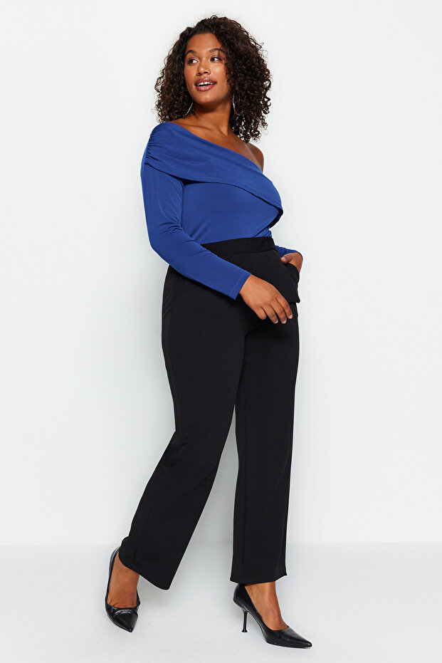 Siyah Straight Fit Yüksek Bel Krep Örme Büyük Beden Pantolon TBBAW24AR00008 - 4