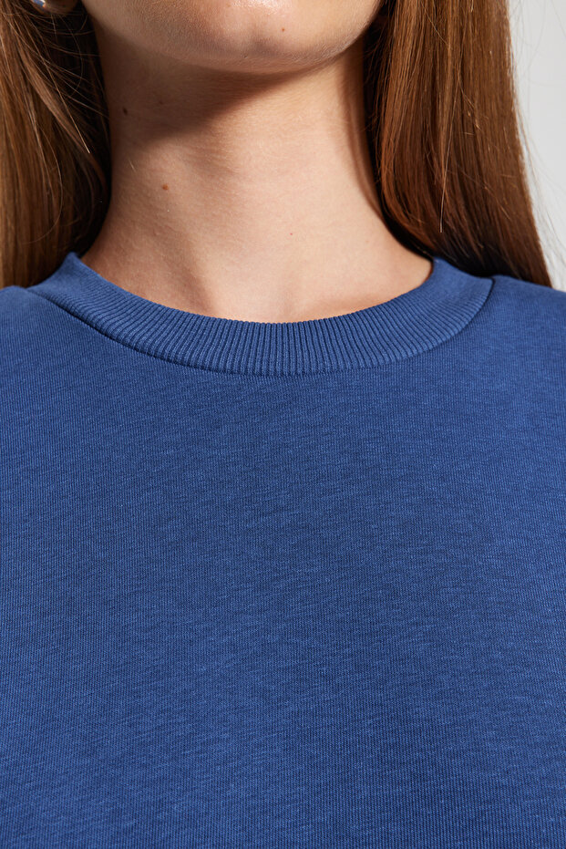 Indigo Kalın İçi Polarlı Regular/Normal Kalıp Bisiklet Yaka Basic Örme Sweatshirt TWOAW24SW00101 - 6