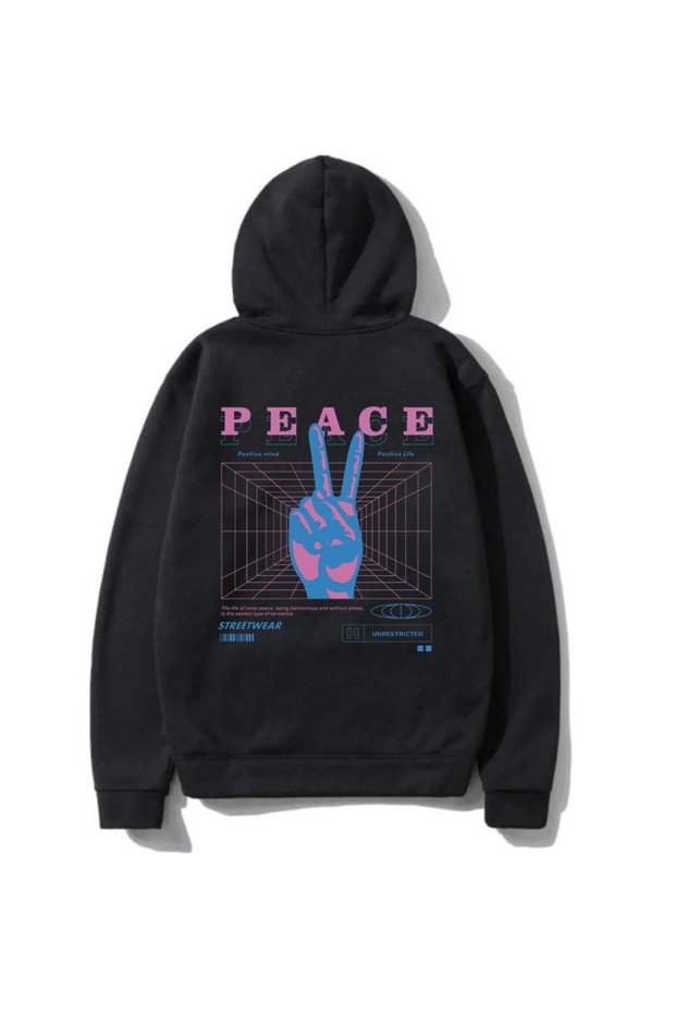 Unisex Black Hooded Sweatshirt Peace Back Printed