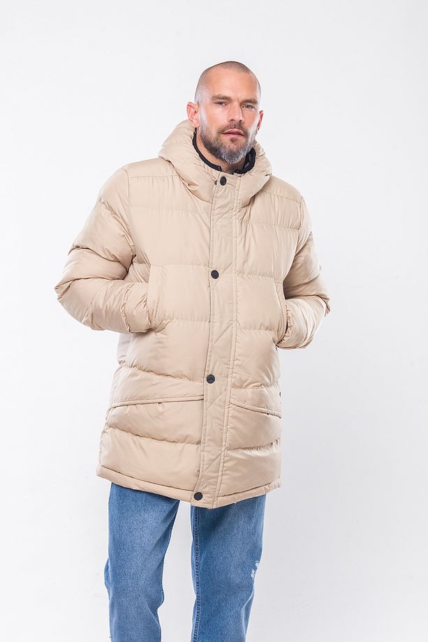 K236 Erkek Bej Kapşonlu Kaban - 6
