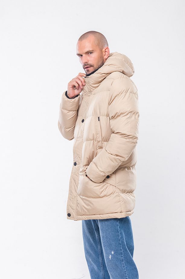 K236 Erkek Bej Kapşonlu Kaban - 4