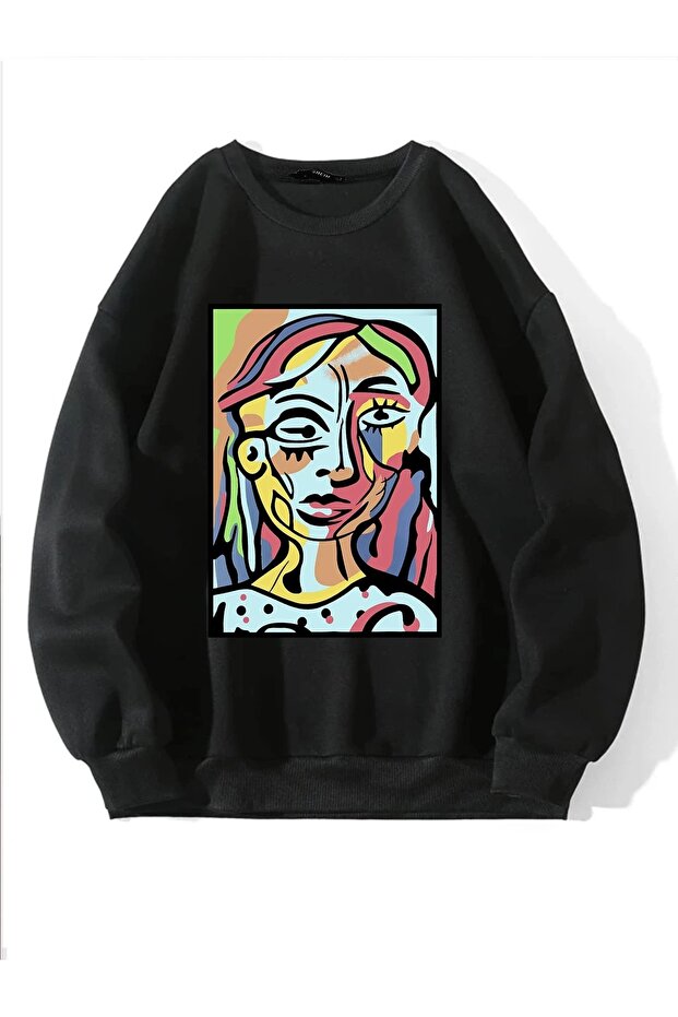 Women's Black Abstract Figure Printed Oversize Sweatshirt