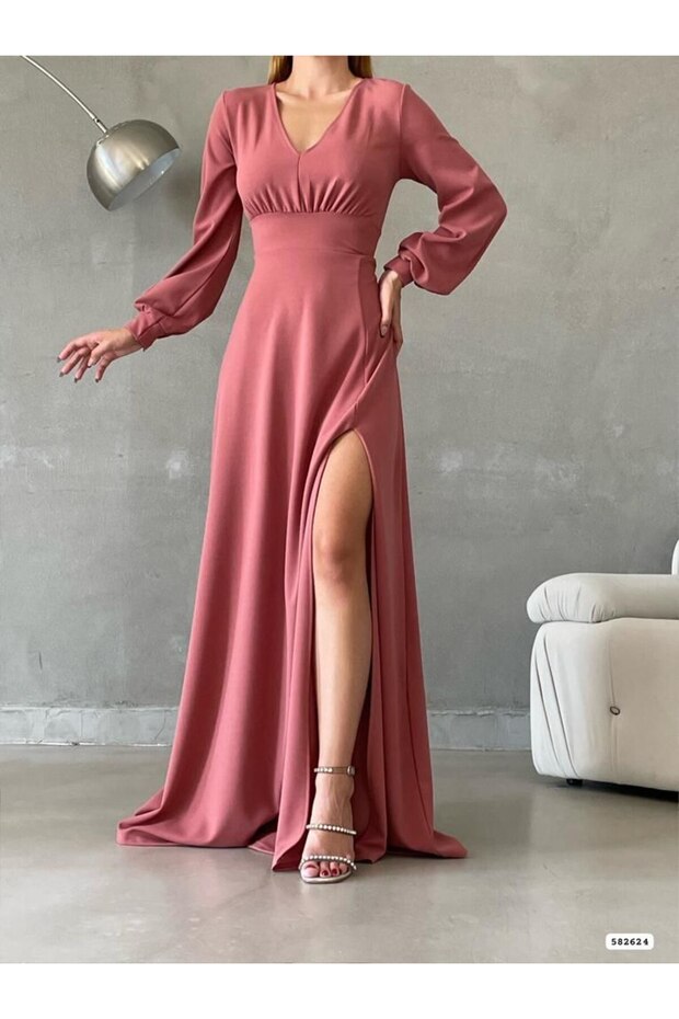 V-Neck Slit Maxi Length Evening Dress Wedding Engagement Promise