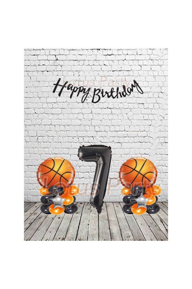 7 Year Old Basketball Themed Party Set Basketball Ball Foil Balloon Black Happy Letter and Number Silver Star