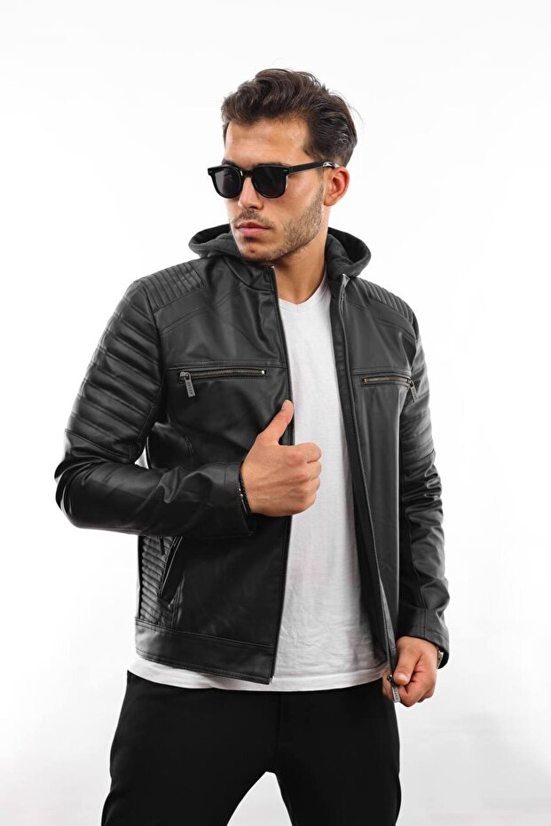 Men's Black Slim Fit Hooded Leather Jacket