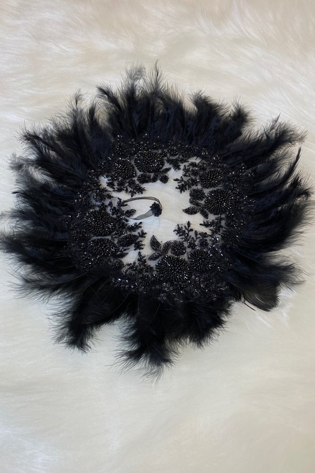 Black Vip Deluxe Bridal Handkerchief with Beaded Pearl Sequin Detail Luxury Applique