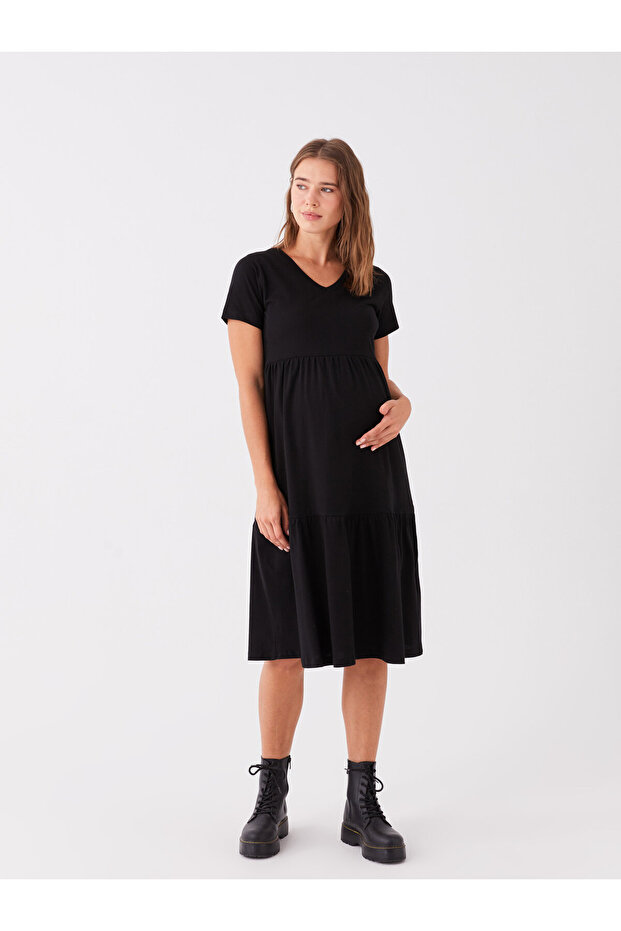 V-Neck Straight Short Sleeve Maternity Dress