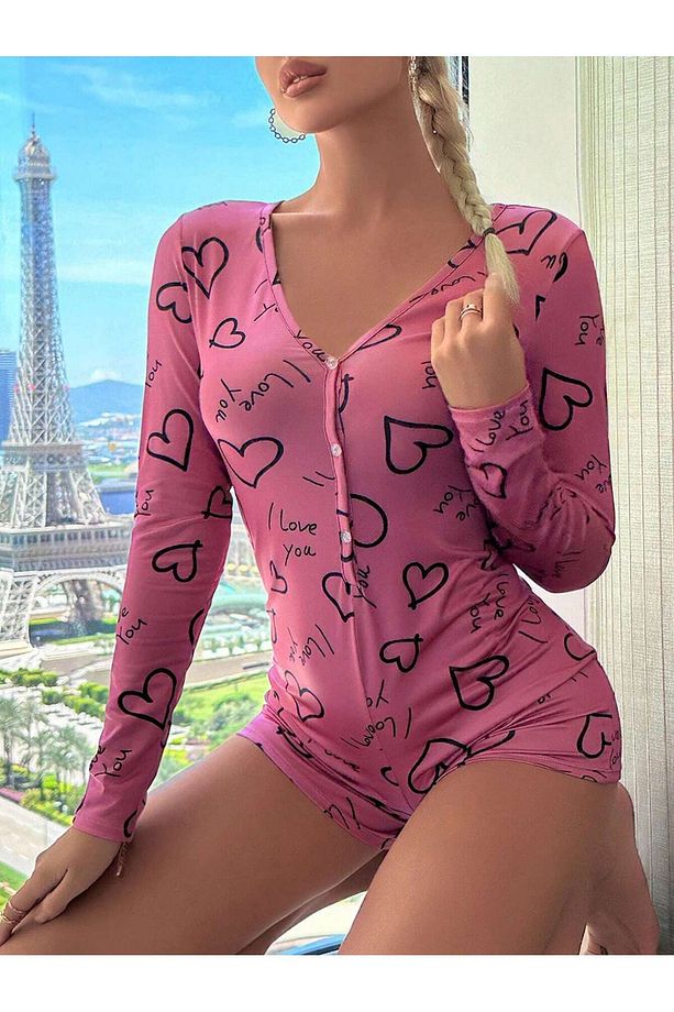Kalp baskı desenli pijama tulumu - 2