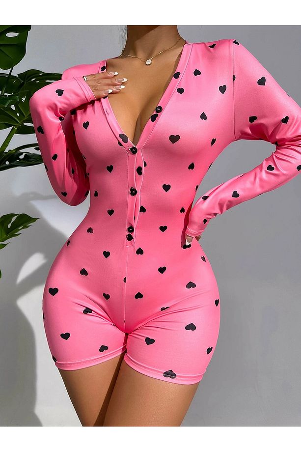 Pembe kalp desenli pijama tulumu - 1