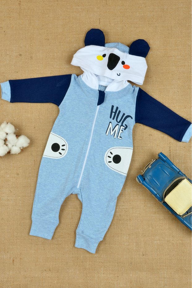 Cotton, Panda Themed, Ear and Paw Detailed, Hooded, No Booties Jumpsuit 3-12 Months