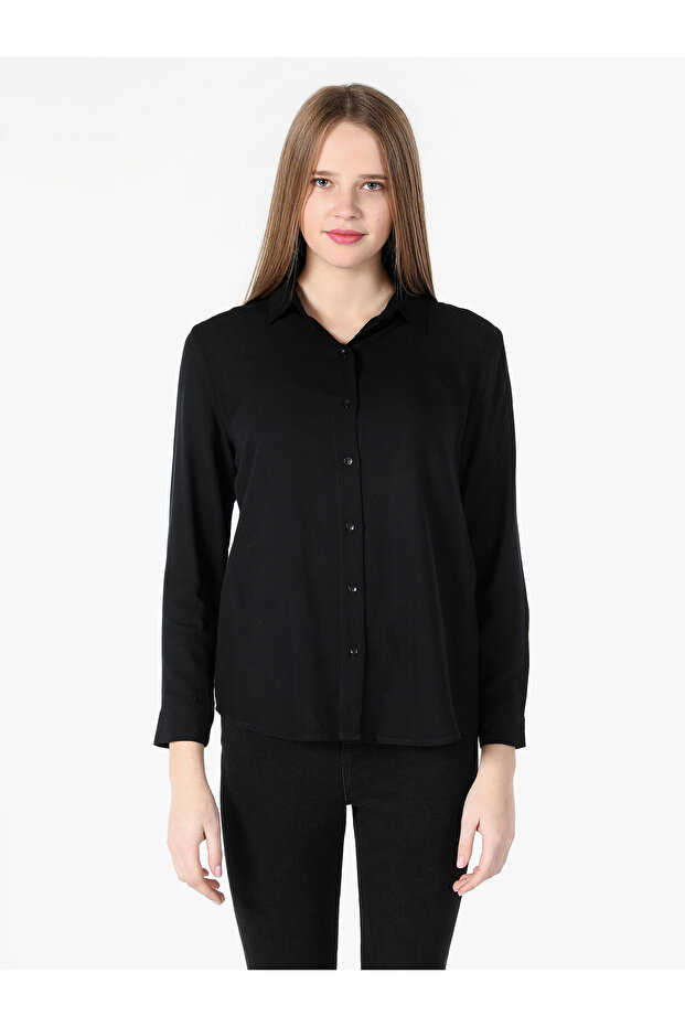Basic Regular Fit Kadın Siyah Uzun Kol Gömlek - 4