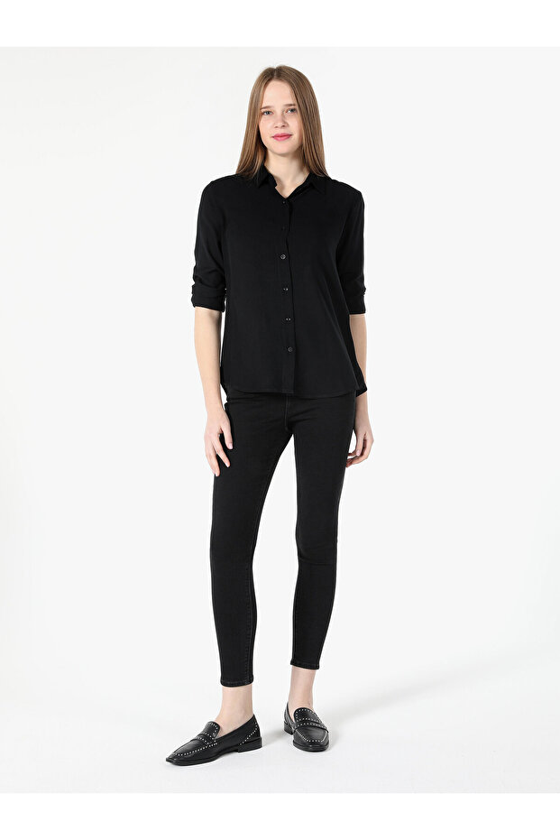 Basic Regular Fit Kadın Siyah Uzun Kol Gömlek - 3