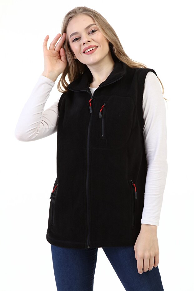 GENIUS STORE Store Kadın Polar Yelek Tam Fermuarlı Outdoor Spor Yelek 3 cepli