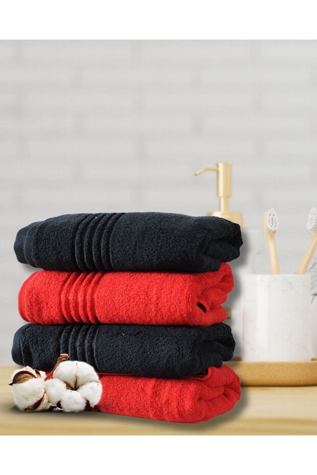 (4 Pieces) 50x90 cm Hand and Face Towel 100% Cotton Soft Towel Red - Black